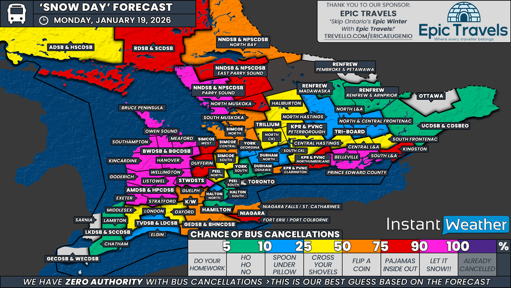 Original 2026-01-18 forecast map: Snow day forecast for Southern Ontario.