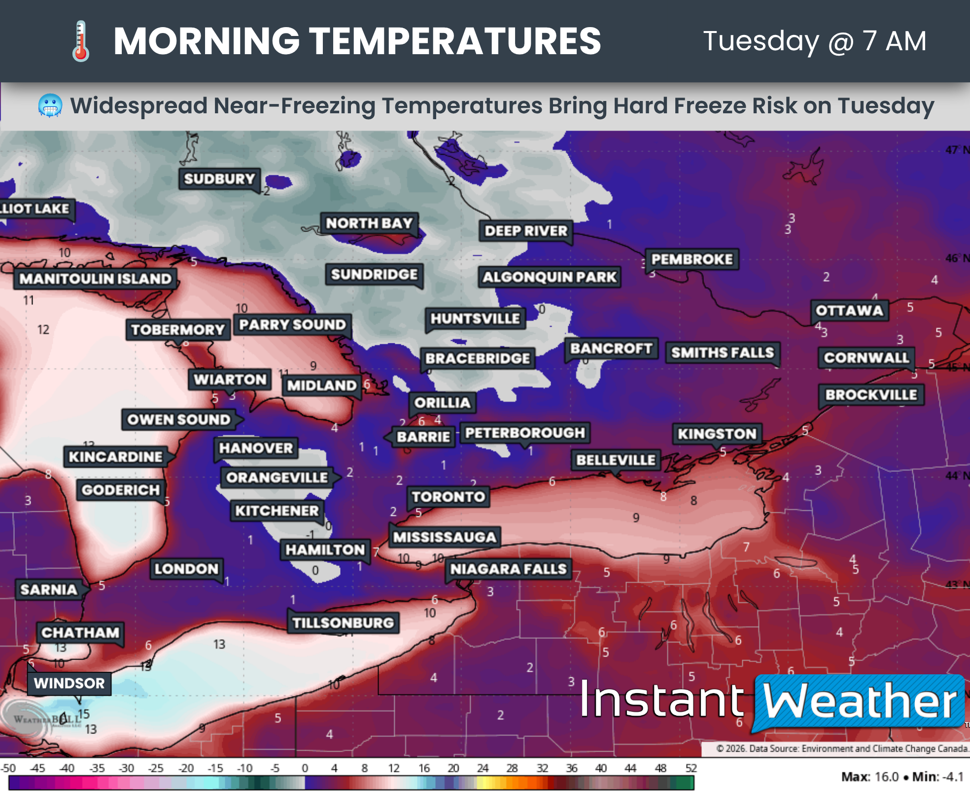 Temperature forecast for 7 a.m. Tuesday, October 6, showing near-freezing or below-freezing readings across Central Ontario and higher elevations northwest of the GTA.