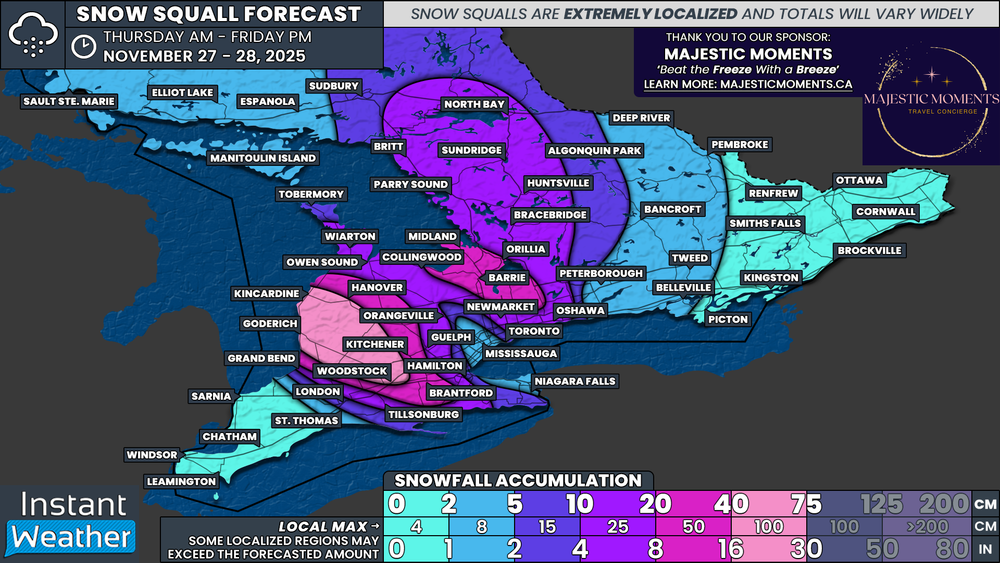 Original 2025-11-26 forecast map: Snow squalls in Ontario’s snowbelt.