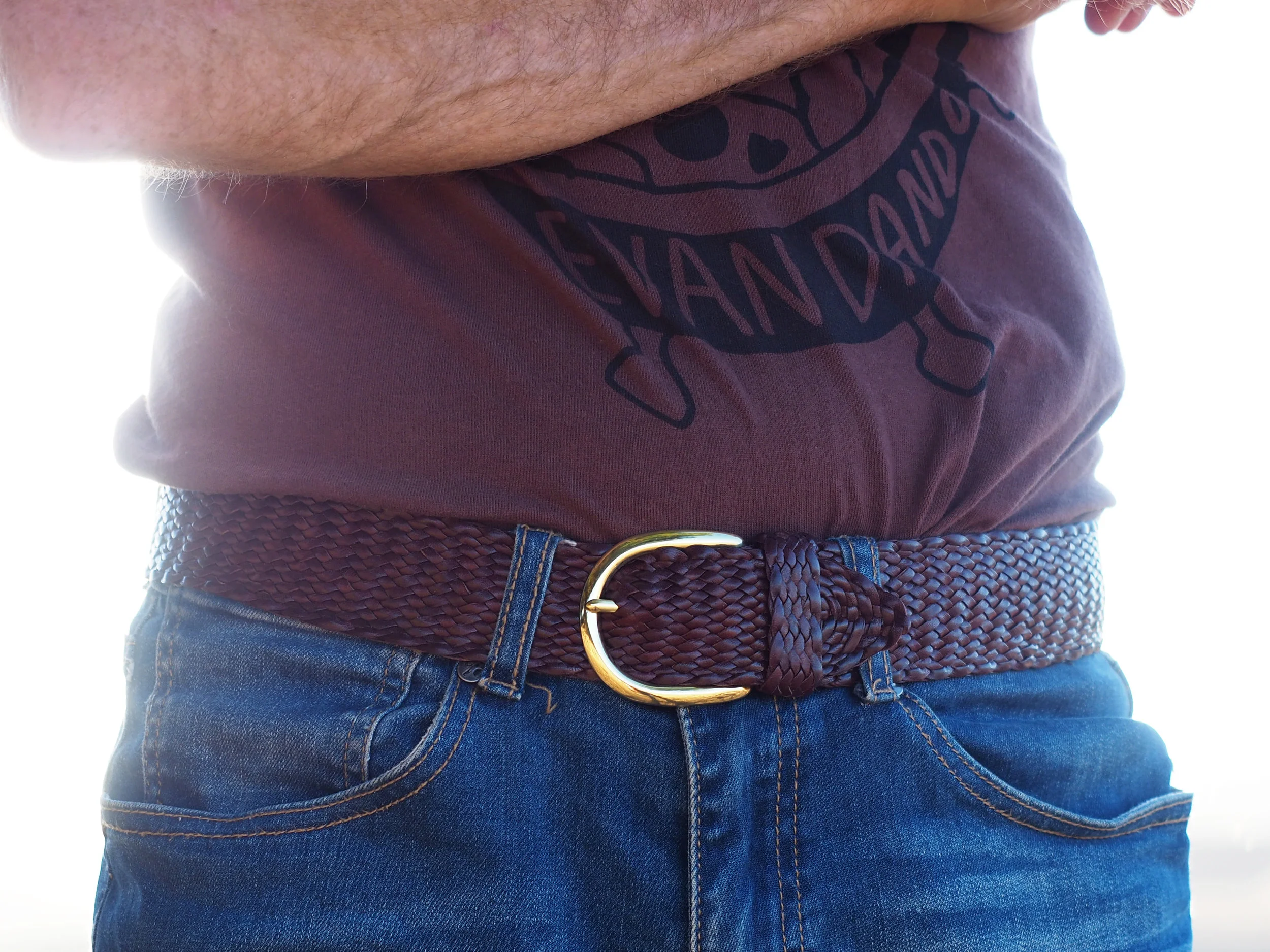 premium kangaroo leather plaited belt with brass D buckle