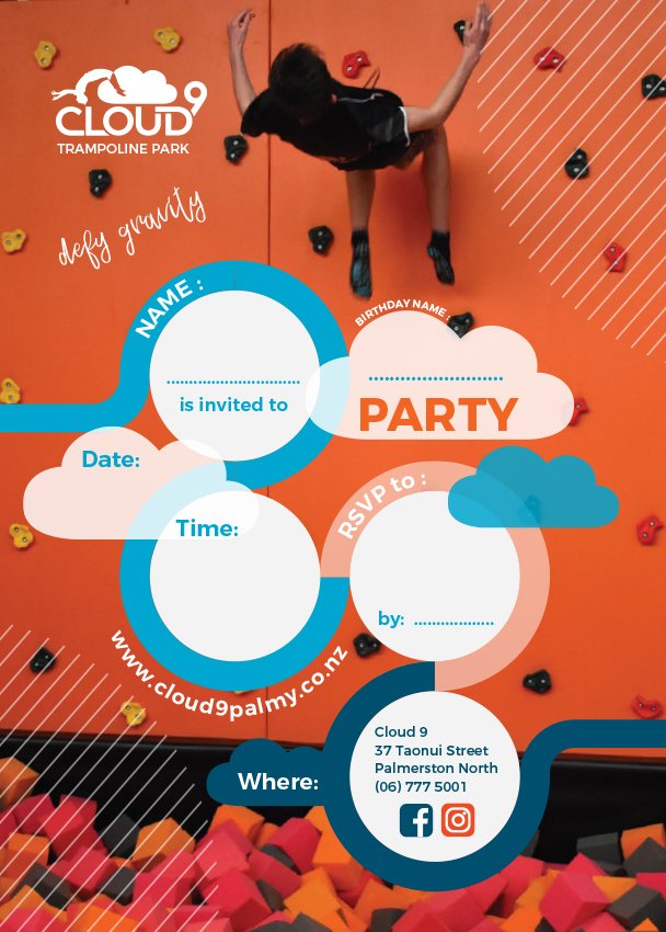 Cloud 9 Flipping off climbing wall party invite