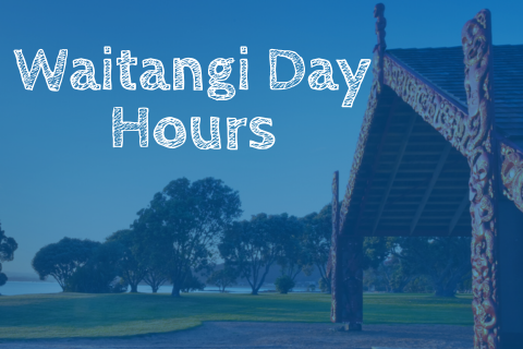 Words: Waitangi Day Hours and the marae at Waitangi in the background