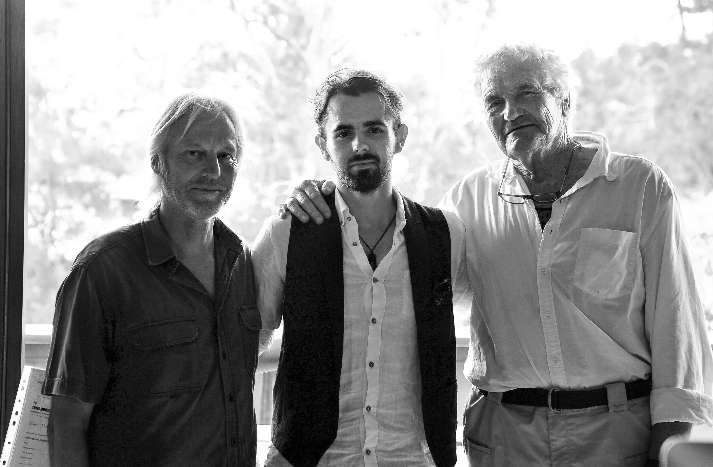 Photo courtesy Peter Tanevski, Pittwater NSW, Feb 2016. Peter Stuchbury (L), Alistair Munro, Richard Leplastrier (R)