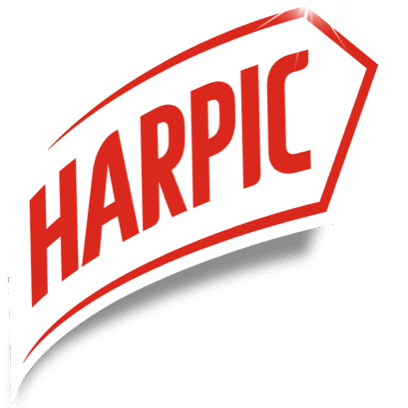 Harpic logo on a black background.