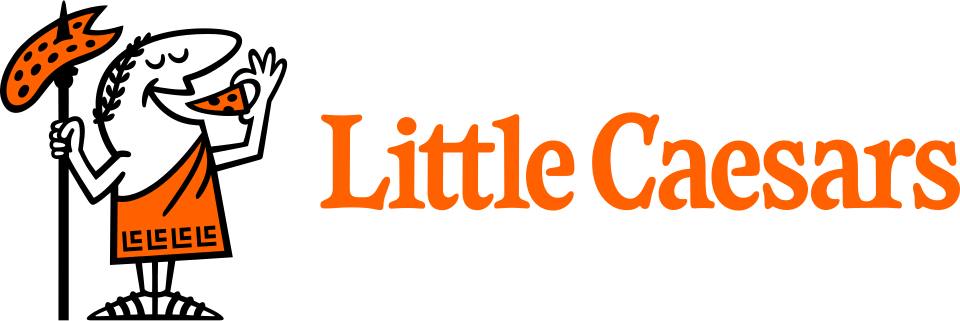 Little Caesars logo featuring a cartoon character of a Roman emperor with a laurel wreath on his head, wearing a toga, and holding a piece of pizza.