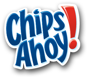 The logo of Chips Ahoy! featuring blue and red text with an exclamation mark