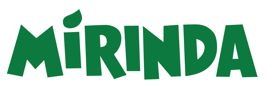 Mirinda logo in green and white with a stylized leaf on top of the letter 'M'.