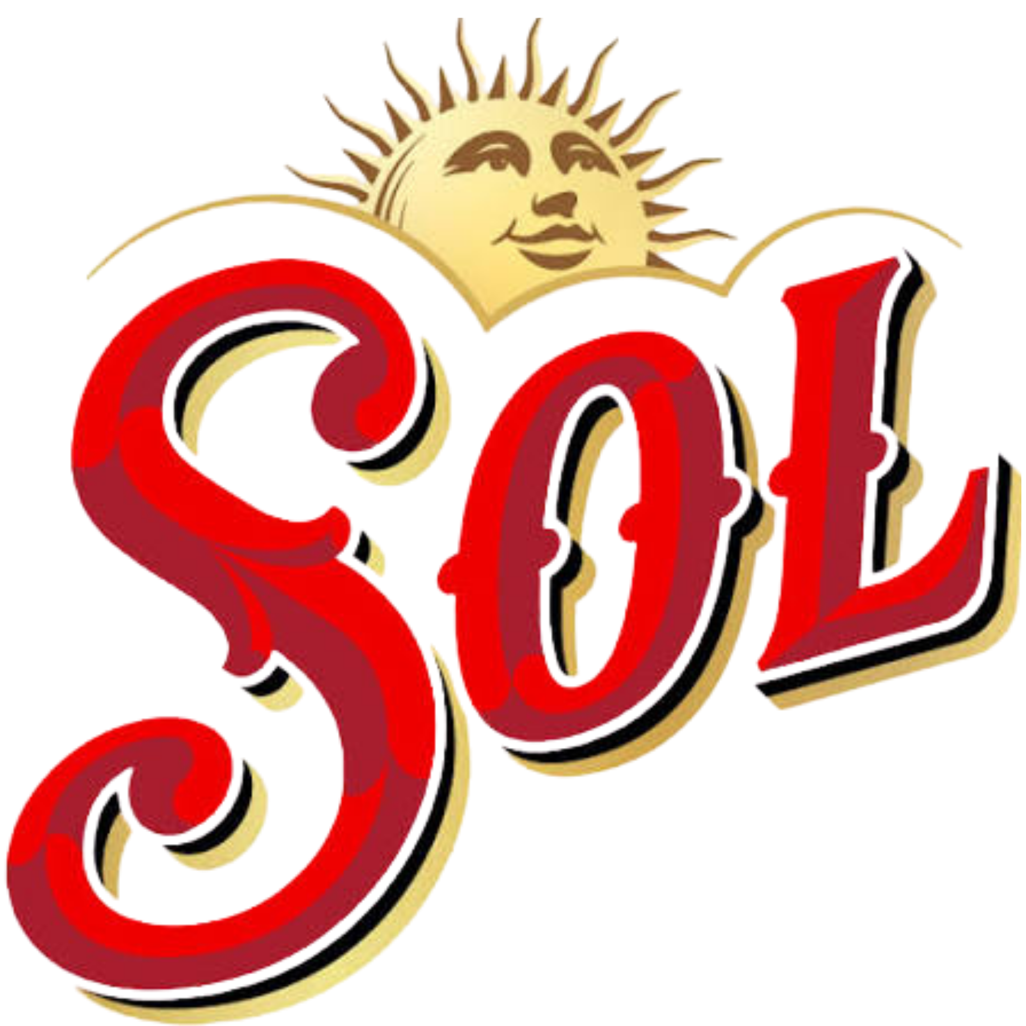 Vintage style logo with a smiling sun and red and yellow swirling text.