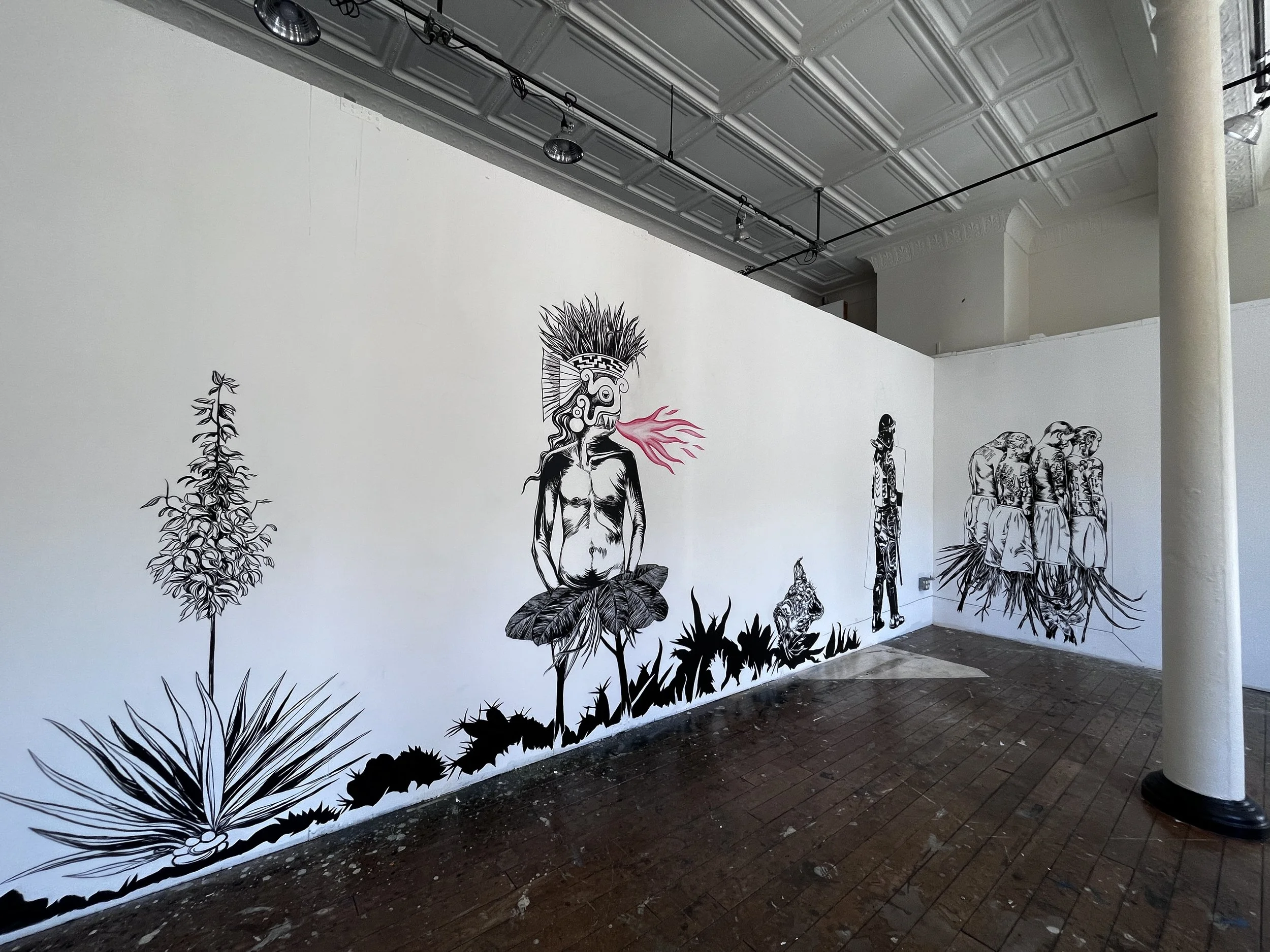  On site wall drawing at Headlands Center of the Arts.  Black and red acrylic. 8’ x 28.5 feet.  2023 
