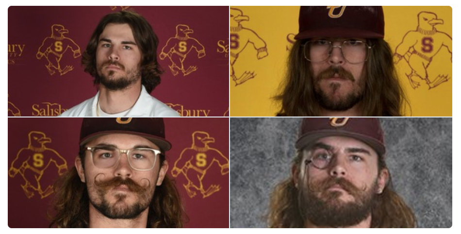 With monocle and curly mustache, college baseball player cements himself as photo day legend