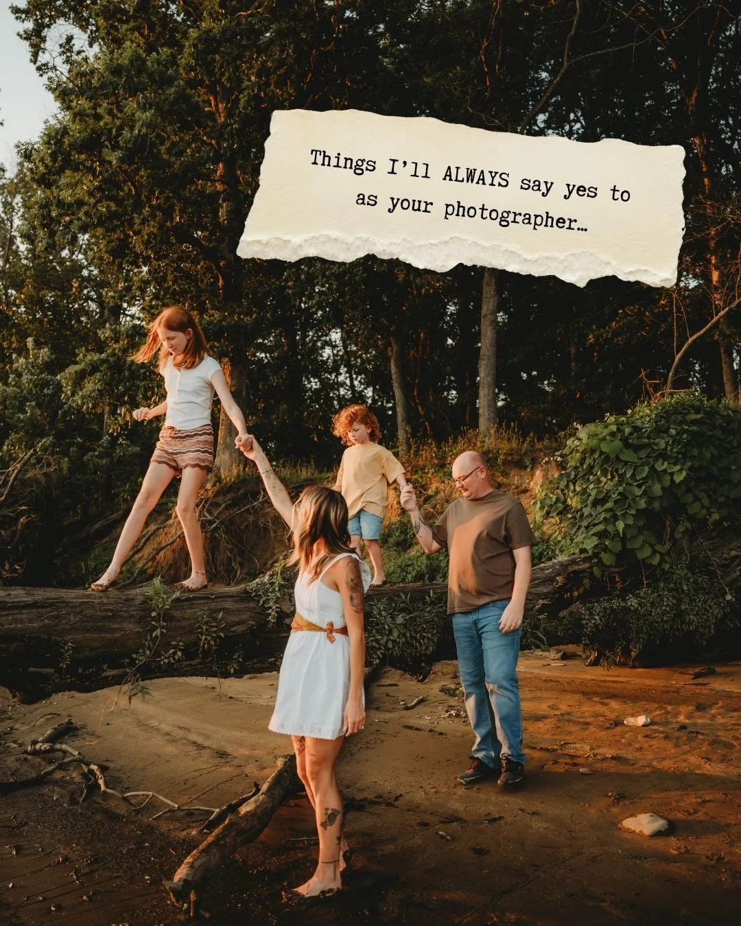 Things I&rsquo;ll always say YES to as your photographer:

Bring the dogs. Let the kids run. Pack the snacks. Take the cuddle break. Show up with a fun idea&mdash;and don&rsquo;t worry about everything being perfect.
The best sessions are the ones th