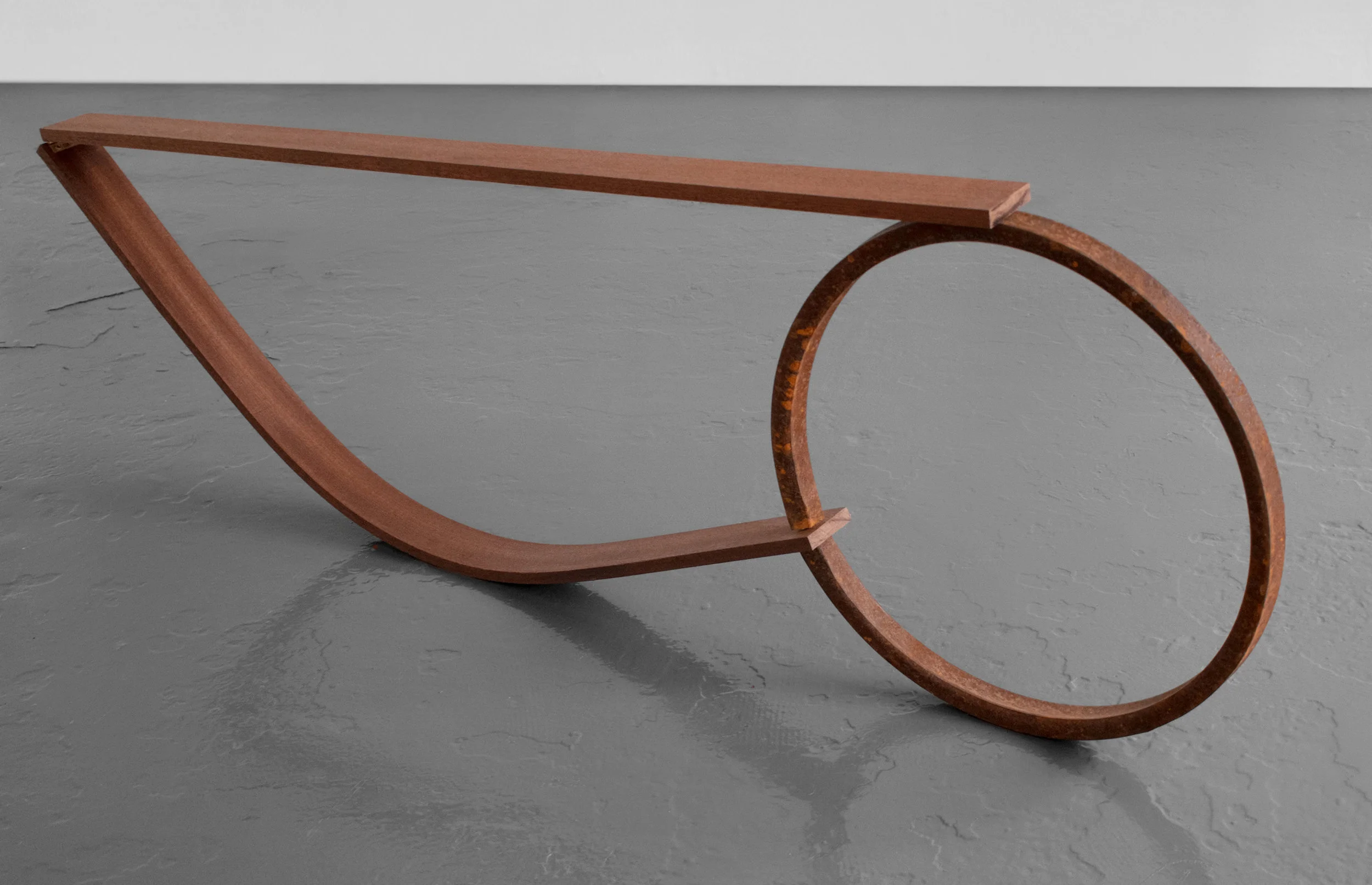 Pick me Up Rusted steel found object on steam bent Sapele wood. 50 x 140 x 5 cm. 2019