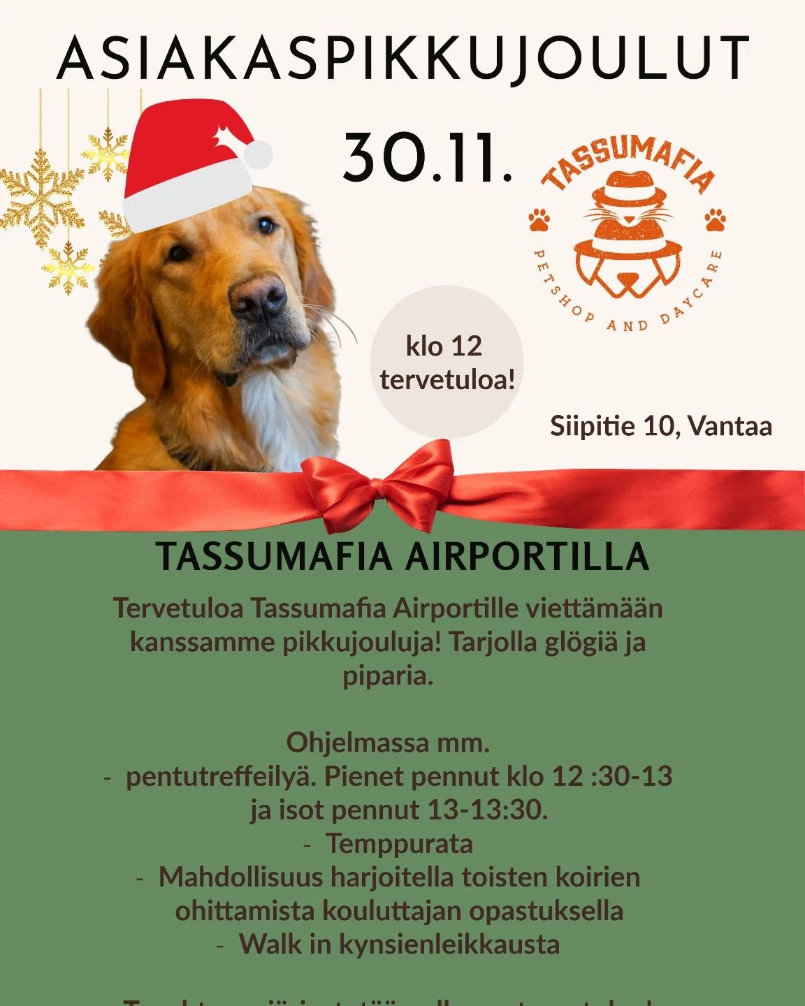 Tervetuloa viett&auml;m&auml;&auml;n kanssamme pikkujouluja 30.11 klo 12-14 🎅

Tapahtuma j&auml;rjestet&auml;&auml;n ulkona. Pentutreffit, ohitustreenit ja temppuradat ovat kaikille ilmaisia, tervetuloa!