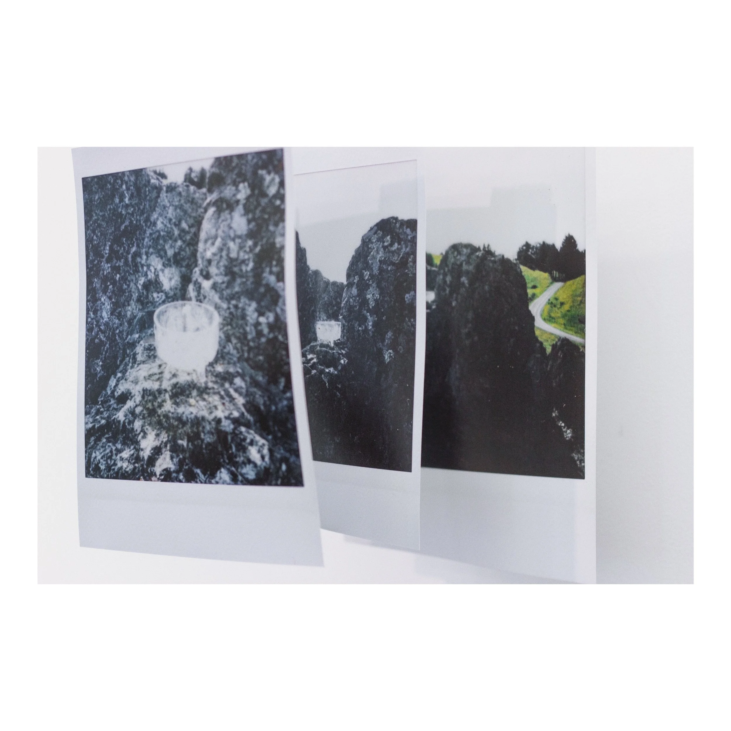closer and closer now but start back at the beginning each time around not close enough to touch but close enough to reach and think about why you’re reaching in the first place maybe take a step back, 2019 digital prints, polaroid, gauze and thread