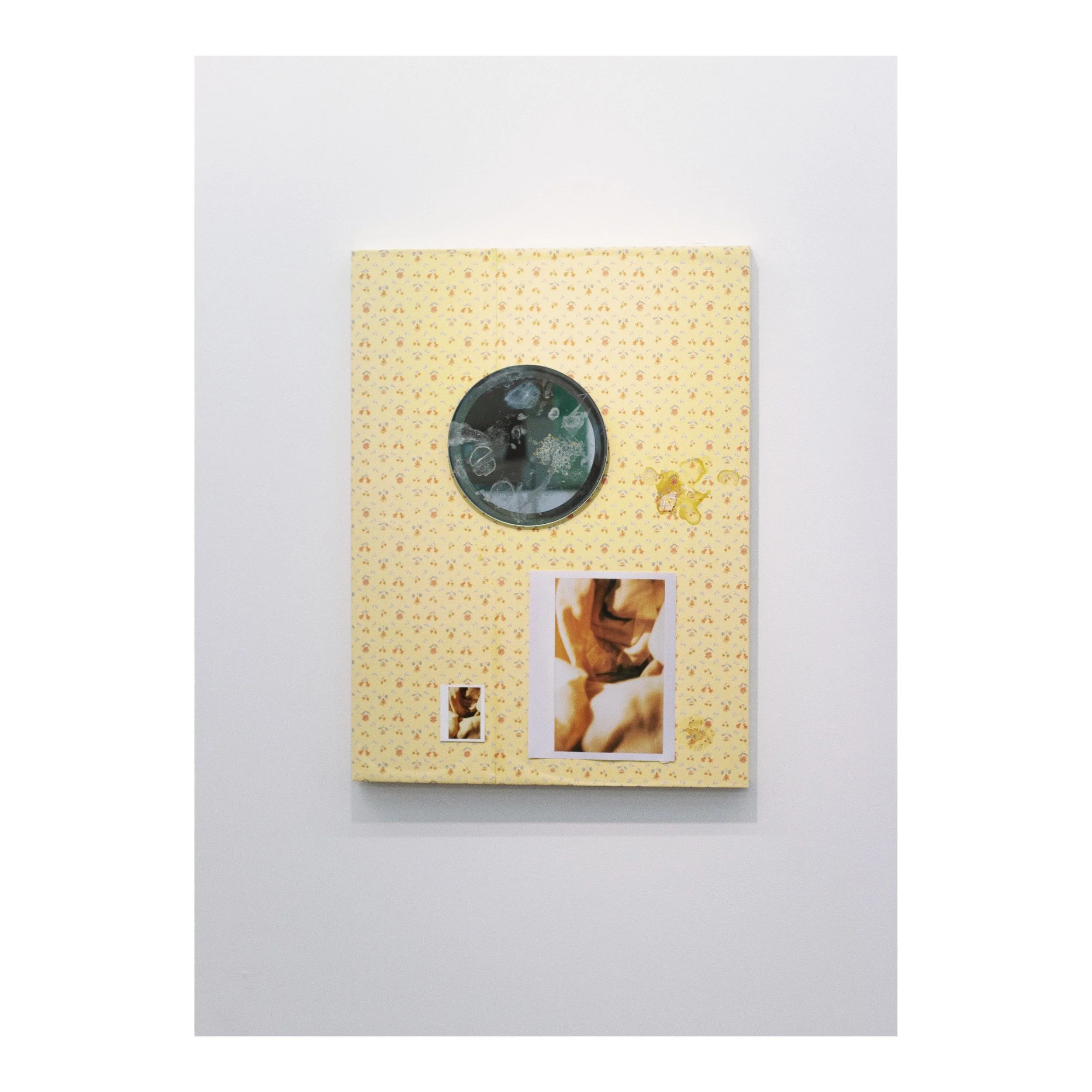 the fabric the residue again the archive the you looking at the you looking back seeing the residue look back notice the fragile void glass that’s trying to be filled but maybe not maybe you’re too caught in relfection to notice, 2019 60’s wallpaper on panel, digital print, polaroid, mirror, past performance residue