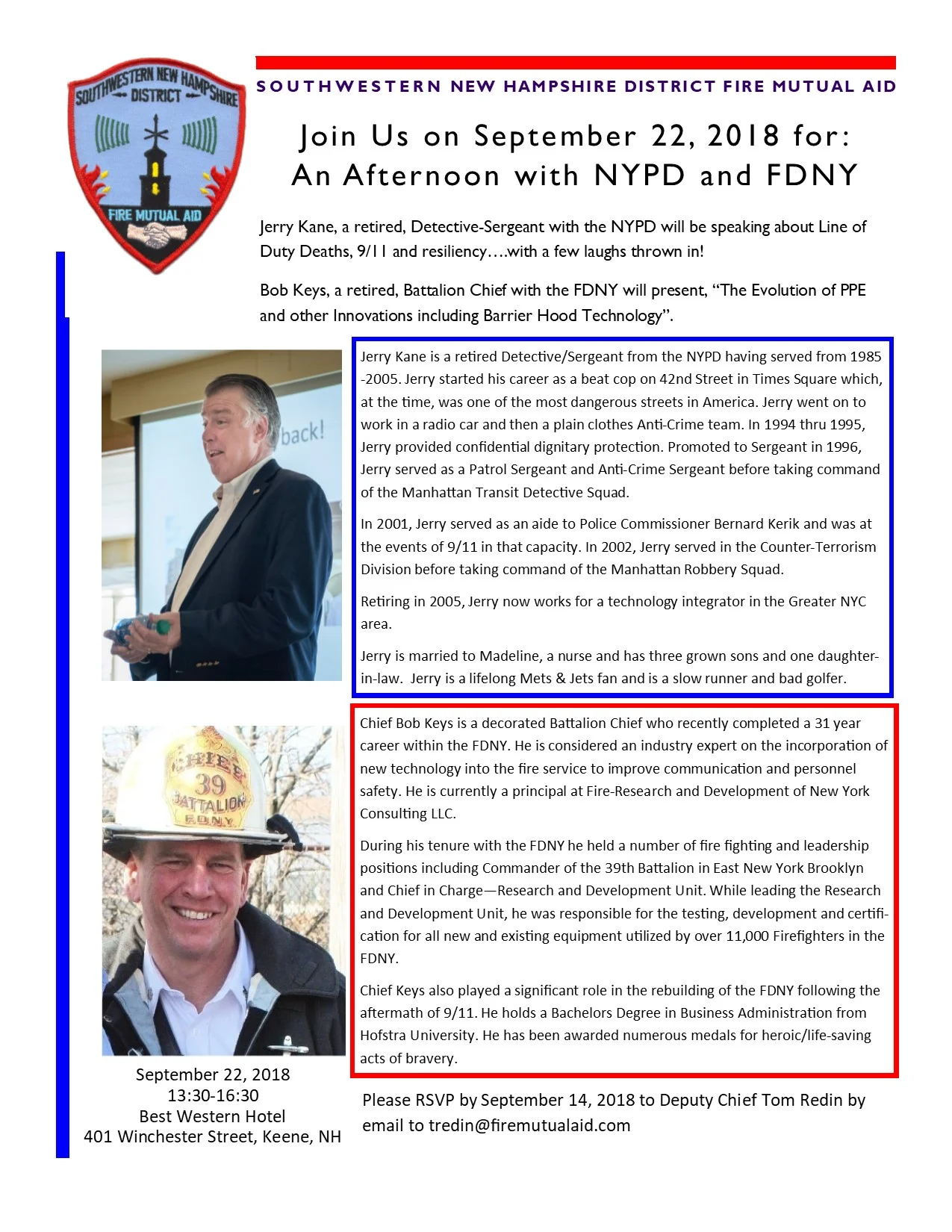 “The Evolution of PPE and other Innovations including Barrier Hood Technology” Battalion Chief Bob Keys worked 31 years in the FDNY. His final assignment was Chief in Charge of The Research and Development Unit. With dramatic videos and pictures Chief Keys describes the changes in Personal Protective Equipment and how they saved the lives of two Brooklyn firefighters caught in a horrendous flashover. His presentation also includes development of The Personal Safety System (PSS or Bailout Bag) along with many other PPE innovations that help make firefighting a little bit safer. Other inventions talked about include the Hi-Rise Nozzle that is used to safely combat wind driven fires in very tall buildings. The Drag Rescue Device that allows firefighters to rescue one another with a strap built into their coats is also explained. Additionally, this presentation will include an in depth look into advancements in Particulate Barrier Hood technology that is integral in reducing exposure to carcinogens.