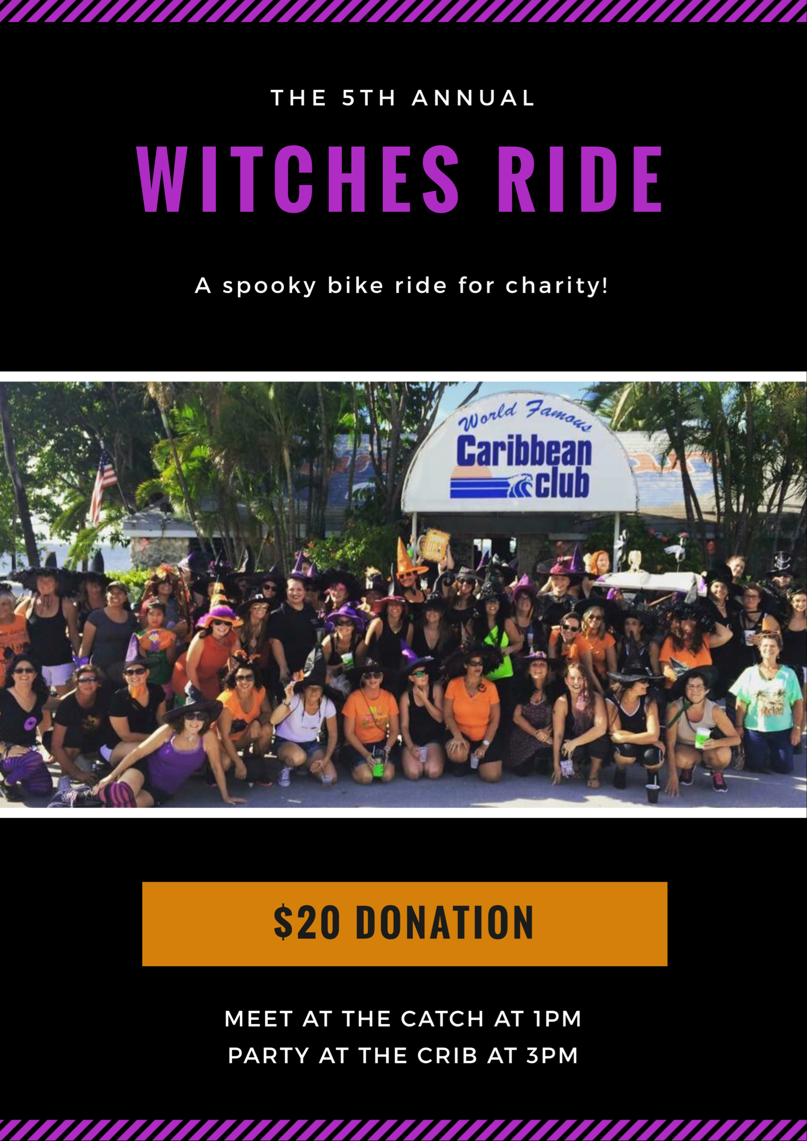 Join us for the 5th annual Witches Ride, a spooky bike ride of a good cause! All money raised will be donated to a scholarship fund for a local student. $20 donation gets you a themed coozie cup and a raffle ticket for some awesome door prizes! Event starts at The Catch Restaurant at 1pm and moves to a big party at the Caribbean Club at 3pm. School of Rock - Miami will be playing at the Caribbean Club! Witches and Warlocks welcome.