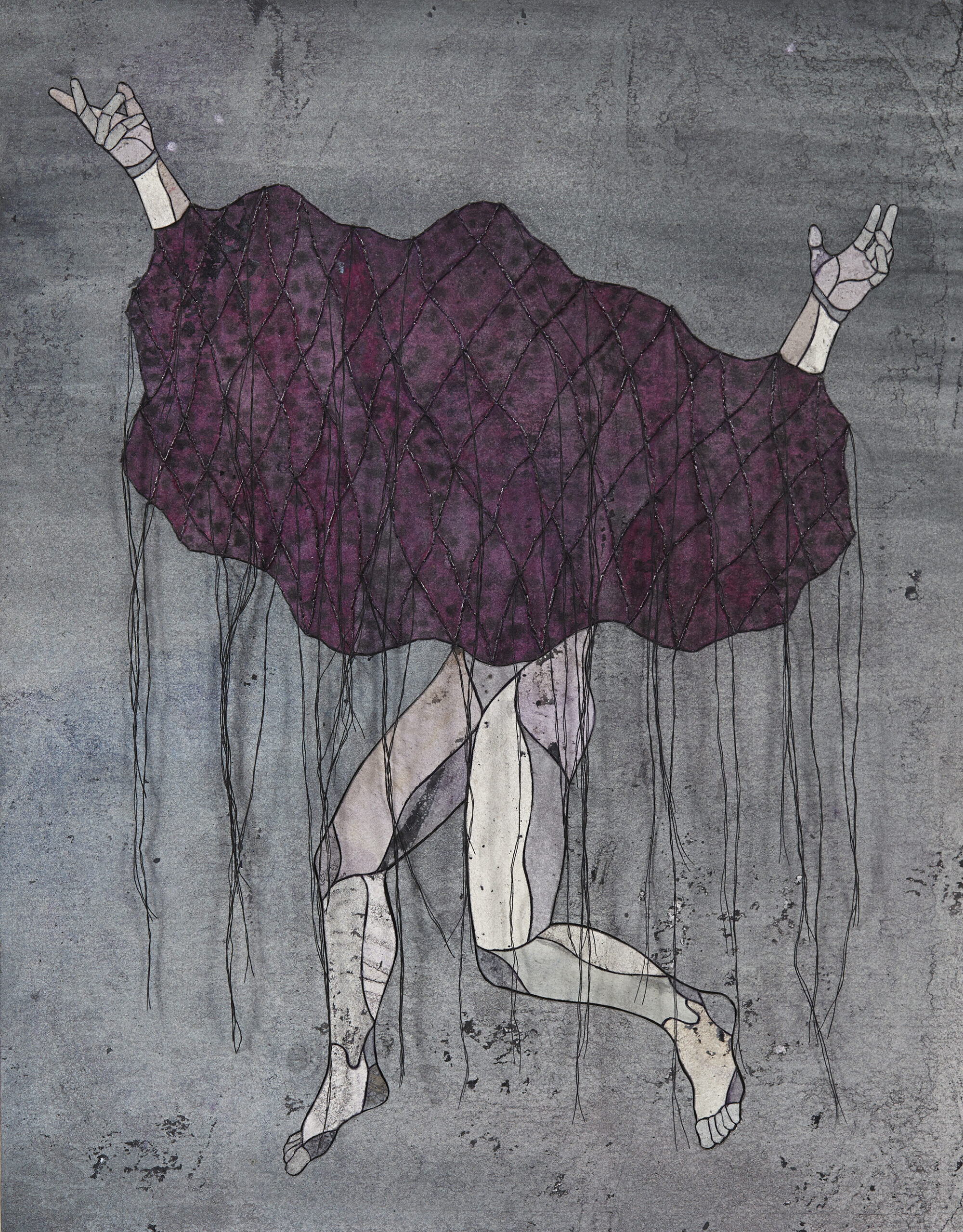 Felipe Baeza, Unruly Suspension, 2020. Ink, graphite, flashe, cut paper, acrylic, water color, varnish and embroidery on panel, 14 x 11 inches. Billboard location: Bushwick - Johnson Avenue and Scott Avenue