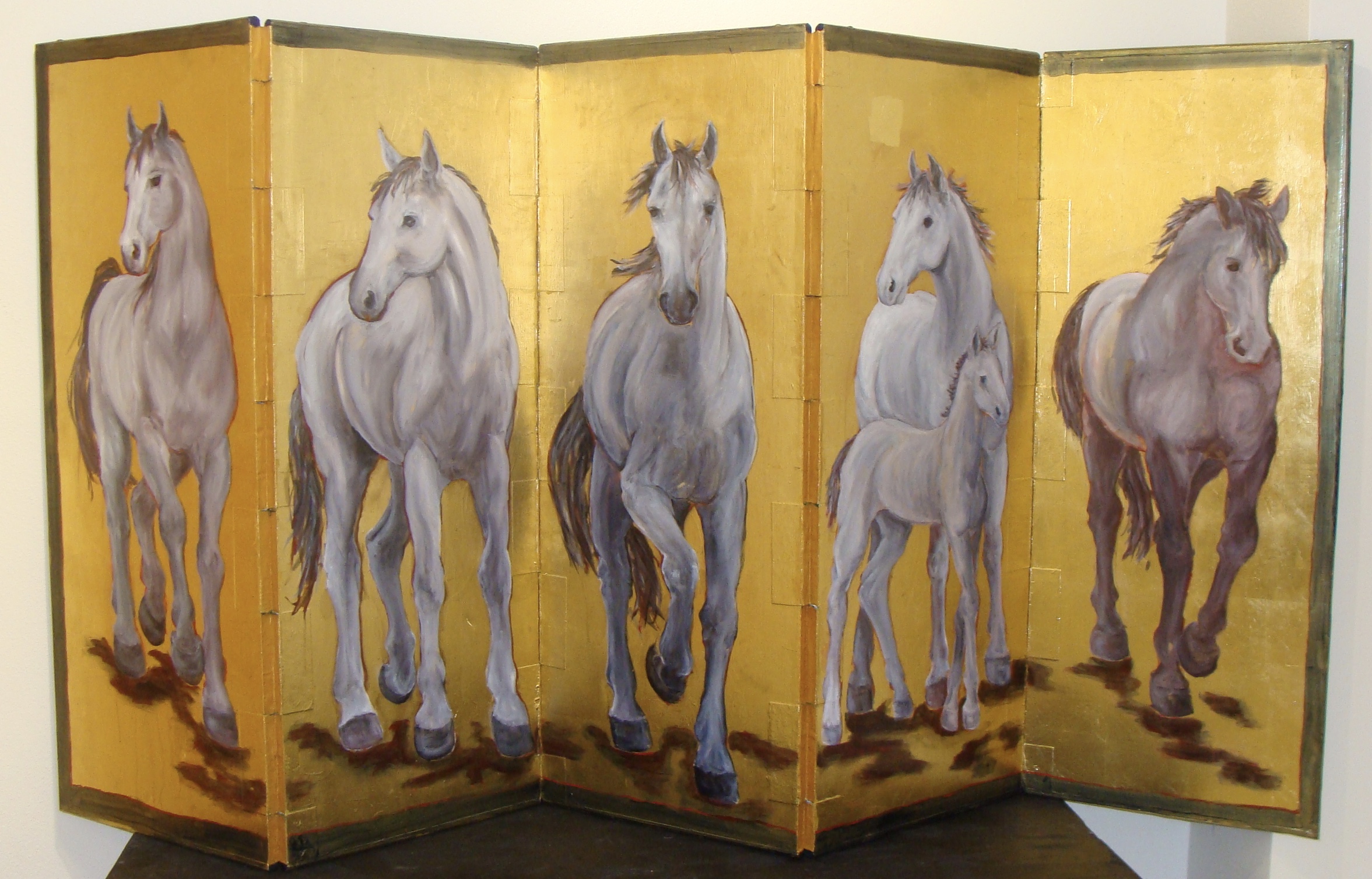 Beauty, Power and Grace Byobu-Oil, Metal Leaf on Gatorboard 5 Panels, Each 19 Inches Width x 48 Inches Height