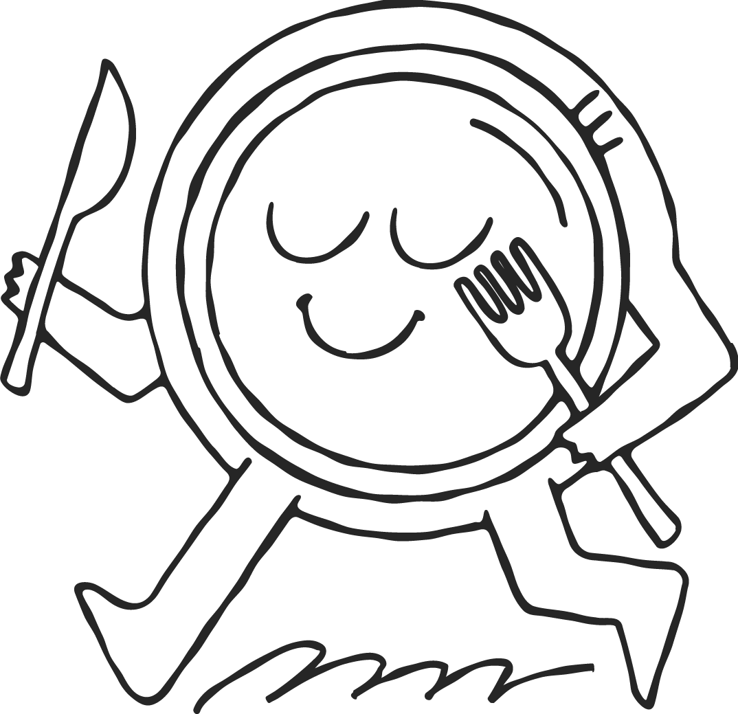 A smiling, happy cartoon plate with a face, holding a fork in one hand and a knife in the other, walking joyfully.