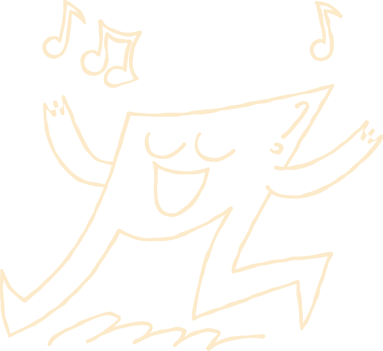 A line drawing of a cartoon character with a large, smiling face, closed eyes, and raised arms with musical notes around its head, suggesting happiness or singing.