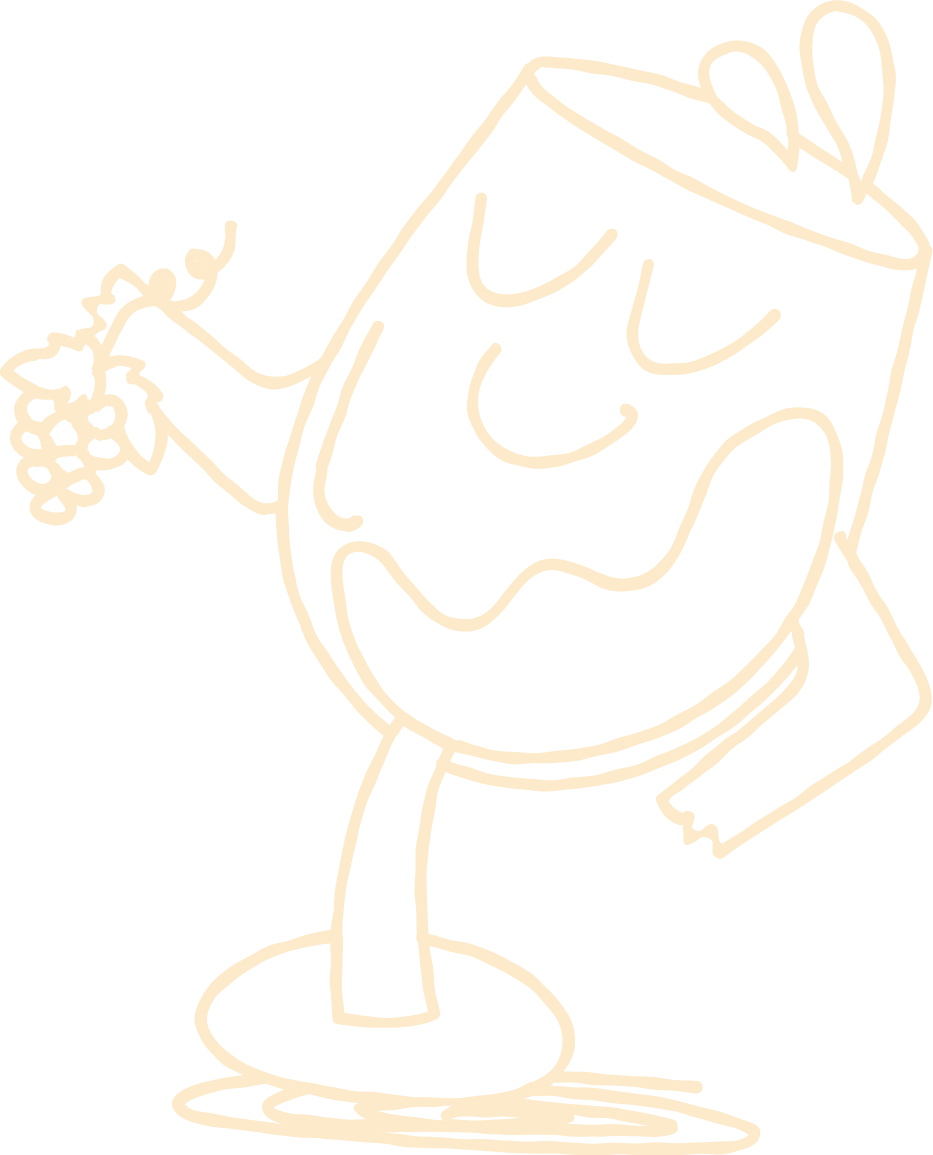 A line drawing of a wine glass with a face, closed eyes, and a smile, holding a bunch of grapes in one hand and resting the other hand on its hip.
