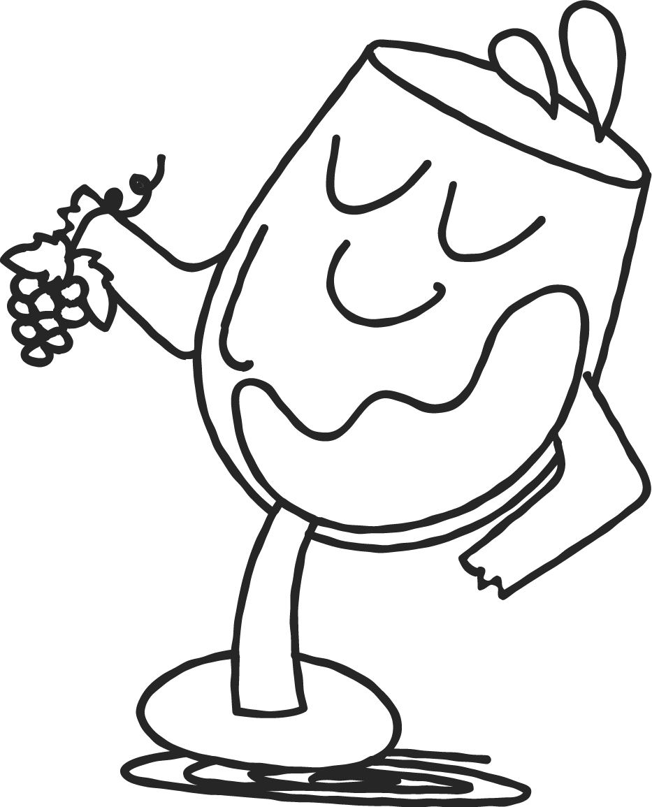 A cartoon drawing of a wine glass with a face, closed eyes, and a smile, holding a bunch of grapes in one hand, and standing on a round base.