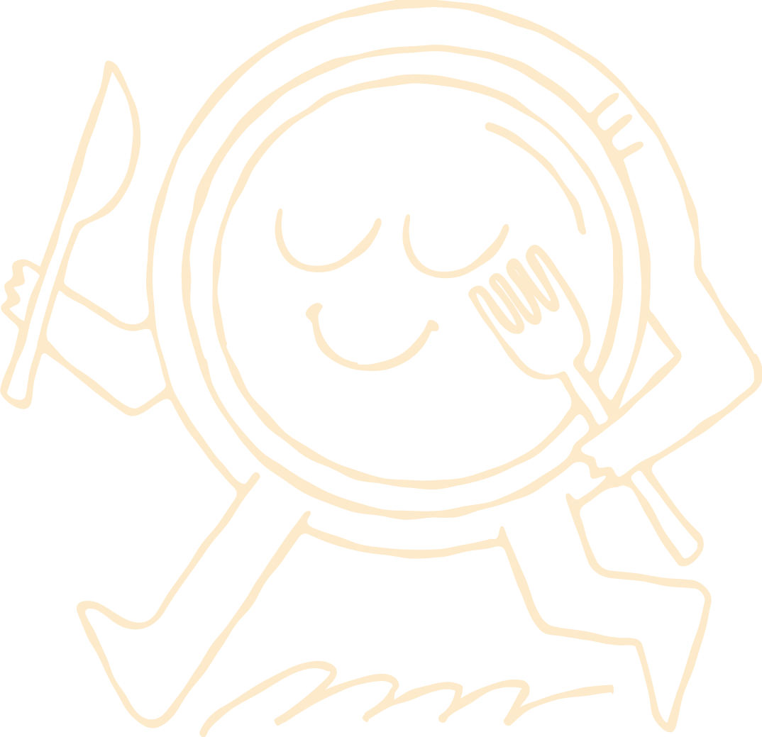 Simplified line drawing of a smiling, happy bowl of ramen with closed eyes, holding a fork in one hand and a spoon in the other, with a rainbow above.