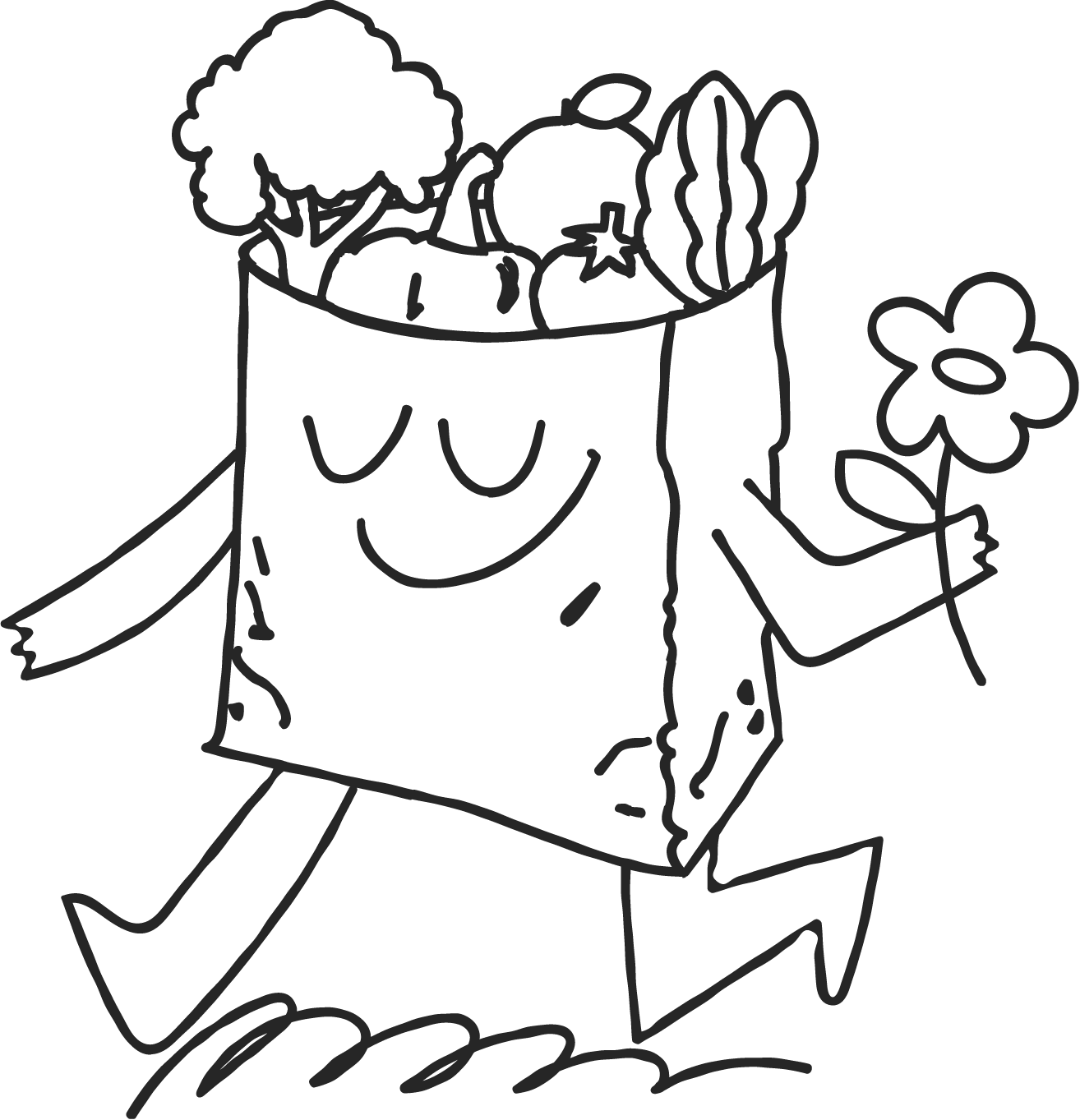 A cartoon-style drawing of a smiling birthday cake with limbs, holding a flower, running on a racetrack.