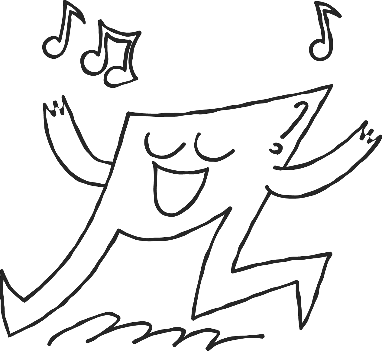 A happy cartoon character with a big smile and closed eyes, arms raised, and music notes above its head, expressing joy.