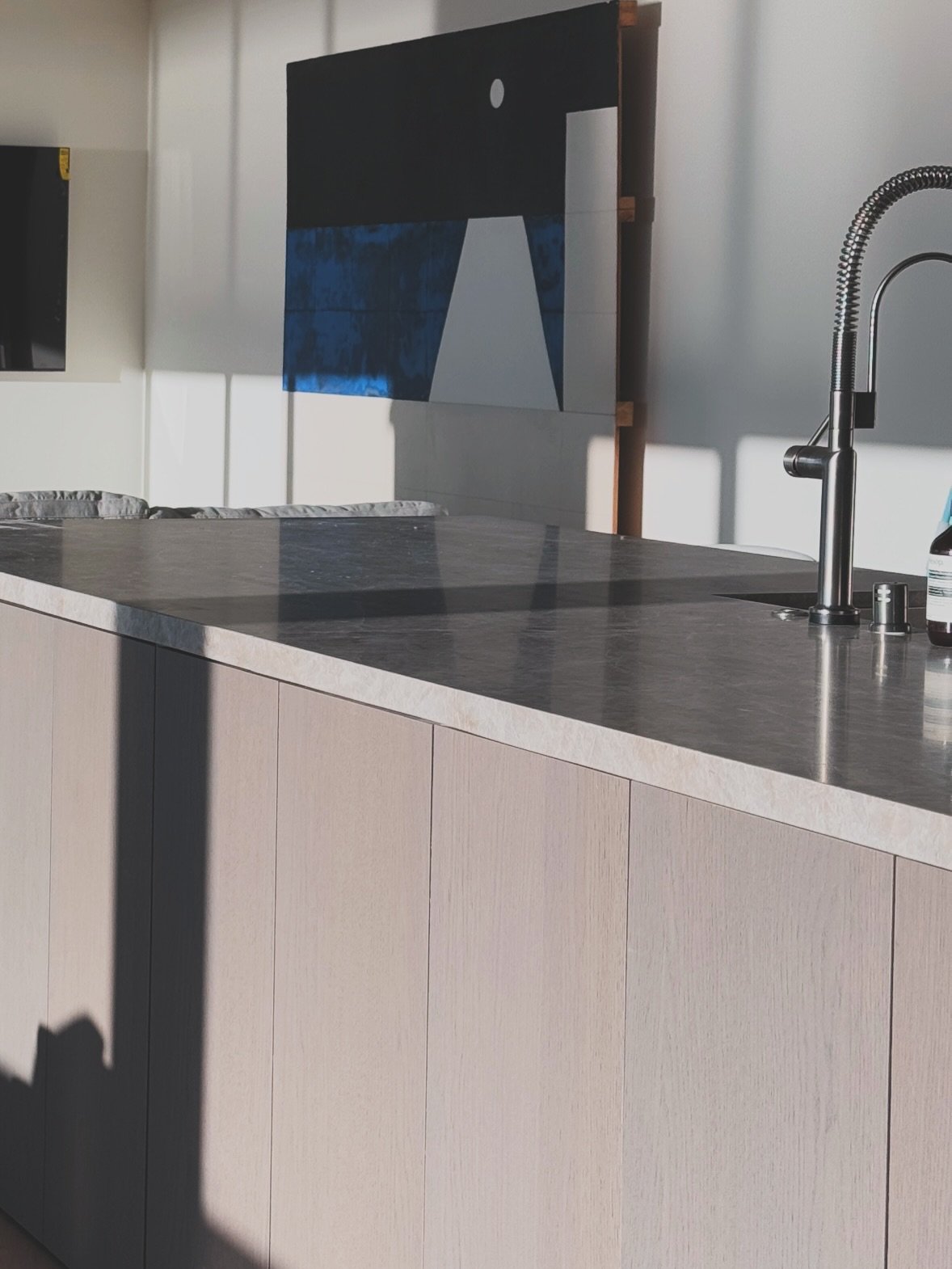 Wouldn&rsquo;t be a successful install without three crews, one 800 lb travertine table, a crane, and a prayer. Giddy up.