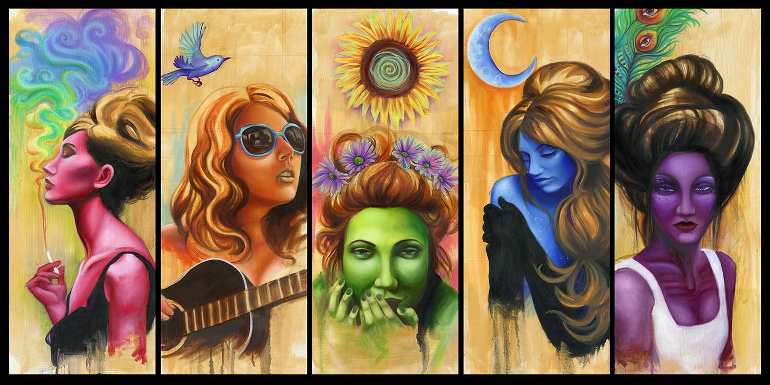 Elements (Fire, Air, Earth, Water, Spirit). oil on canvas, 5 panels