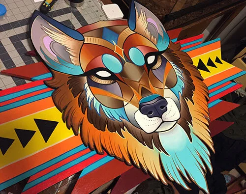 Danger wolf. acrylic on assembled hand cut wood (2019)