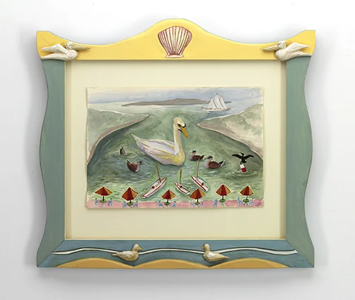 Swan Harbor in a carved frame, 2016 gouache , carved and painted basswood frame 19" x 22" x 2"
