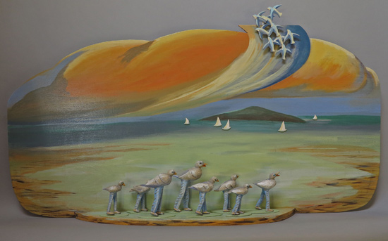 Zebra Finch Journey, 2014 carved and painted basswood 27” x 48” x 7”