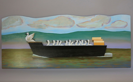 Passing Swans, 2014 carved and painted basswood 16” x 38” x 2”