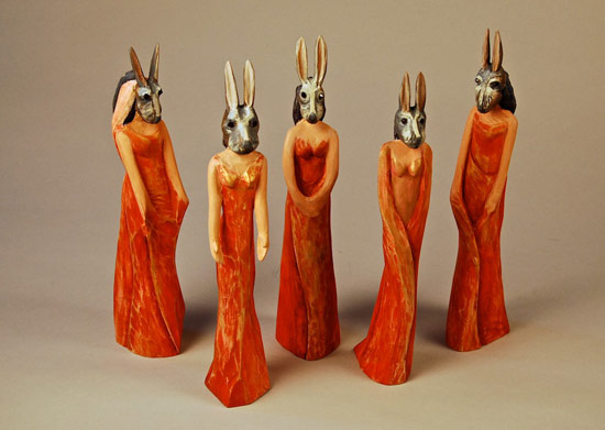 Bridesmaids, 2009 carved and painted wood with garnet eyes 11"x 18" x 3"