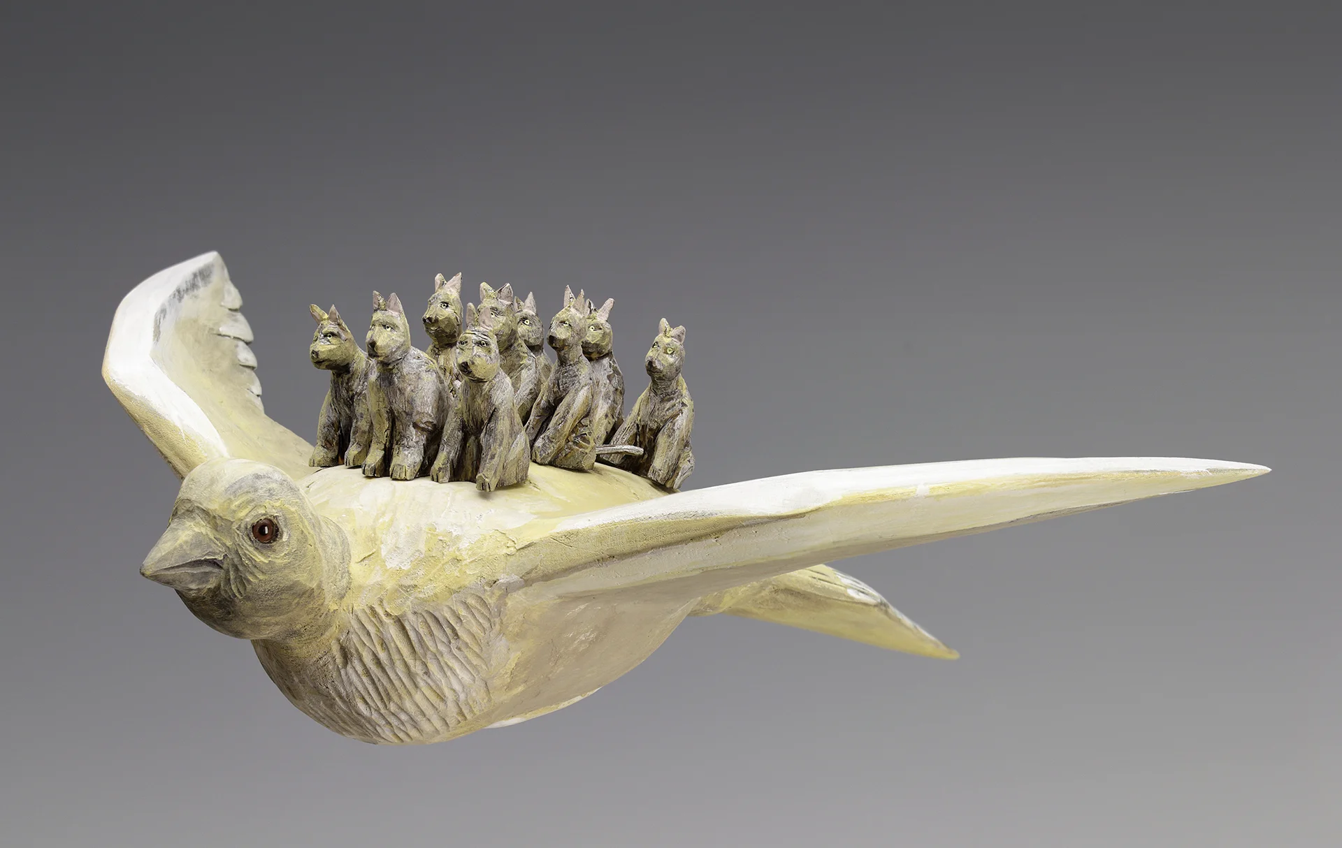 Mourning dove with 9 cats carved and painted wood 10" x 18" x 18", 2017 SOLD