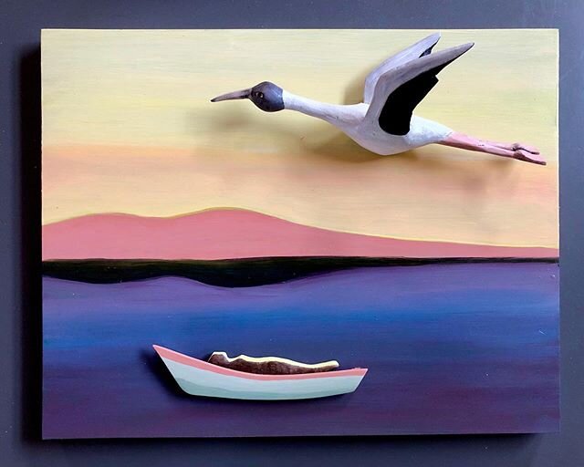 A dream in colors over the last week sheltering in the studio. Seeing wood storks in the South before travel ceased. Another time. What is this Myth? #artoftravel #woodsculpture #painting #narrativeart #woodstork #mythologyart #wandering