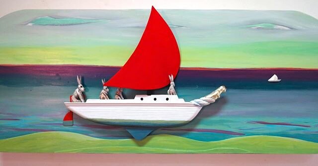 Those rascally rabbits, sailing away on a sunny Easter morning!  Sailor&rsquo;s Delight&rdquo;, 20&rdquo; x 48&rdquo; x 7&rdquo;, carved and painted wood.  #woodsculpture #artoftravel #outsiderart #holidays