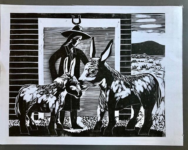 &ldquo;She spoke with the burros&rdquo;,
new woodcut, 12&rdquo; x 16&rdquo; on Hosho. Swipe to see original sketch, WIP chunks of basswood rough cut for carving, and close up of tenderness. #reliefprintmaking #woodsculptures #narrativeart #makearteve