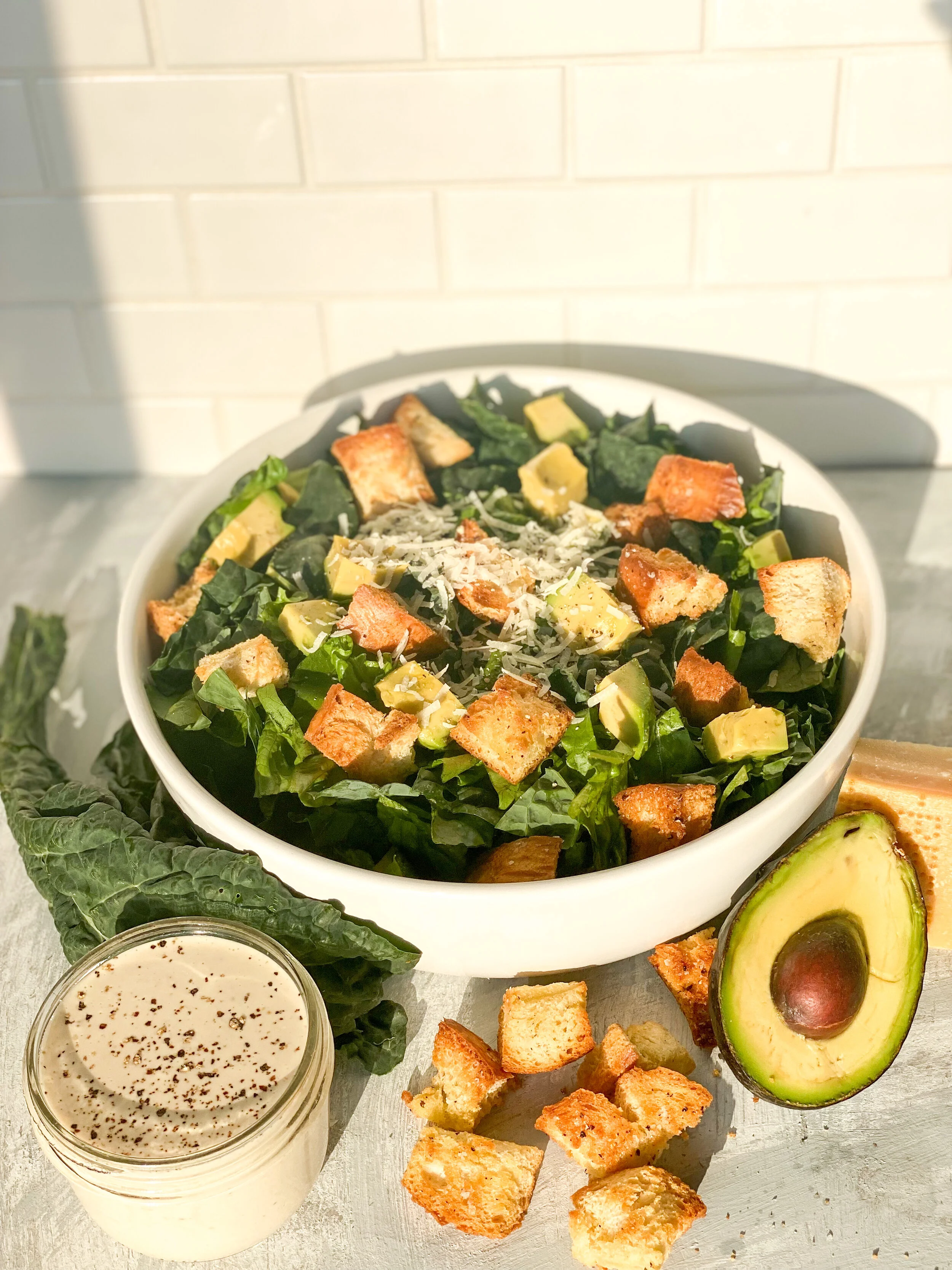 Kale Avocado Caesar Salad with Homemade Caesar Dressing