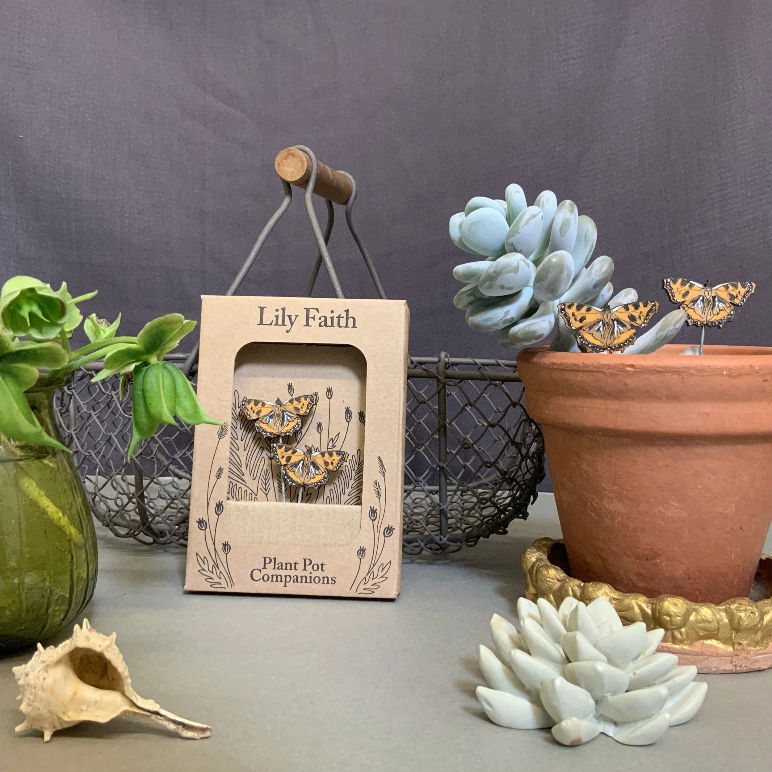 Tortoiseshell butterfly plant pot companions, ready to decorate and embellish your indoor house plants. Intricately hand painted, laser cut and etched from FSC MDF wood.