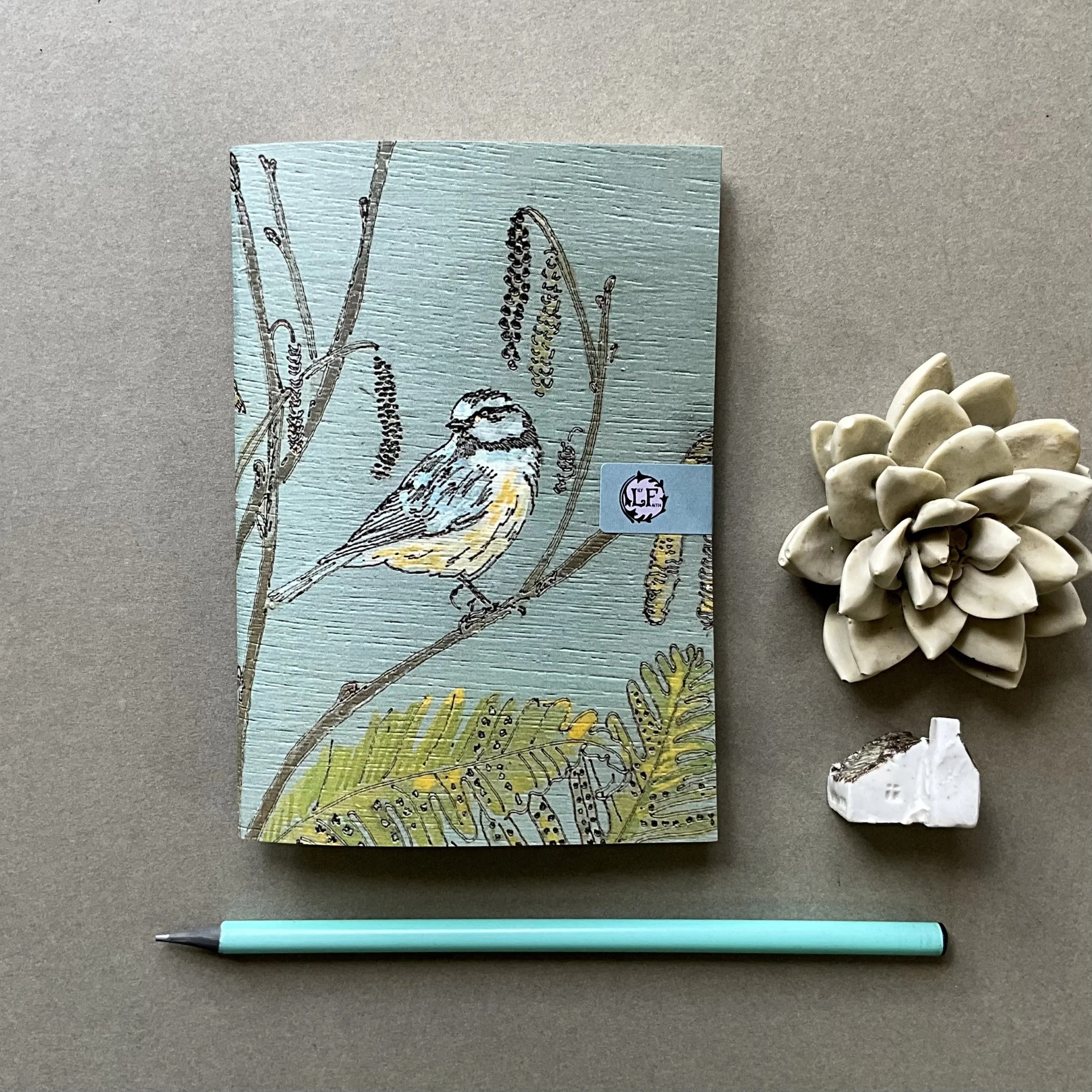 Spring time Blue Tit illustrated notebook, the perfect pocket sized companion for when ideas strike, or a list needs to be made.