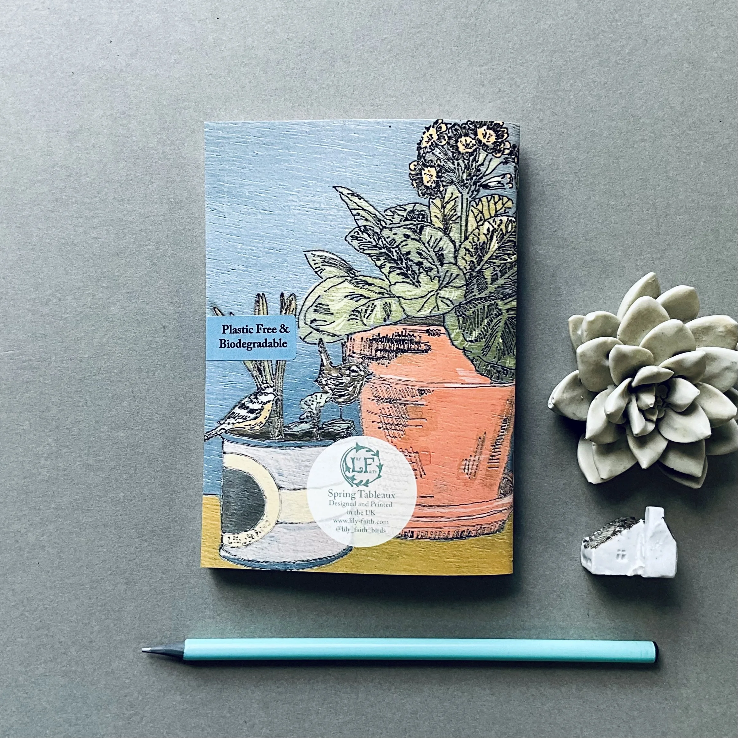 The reverse of Lily Faith's Spring Tableaux notebook features the same design but in mirror image, to create a seamless spine. These notebooks contain 46 pages with a simple staple fastening.