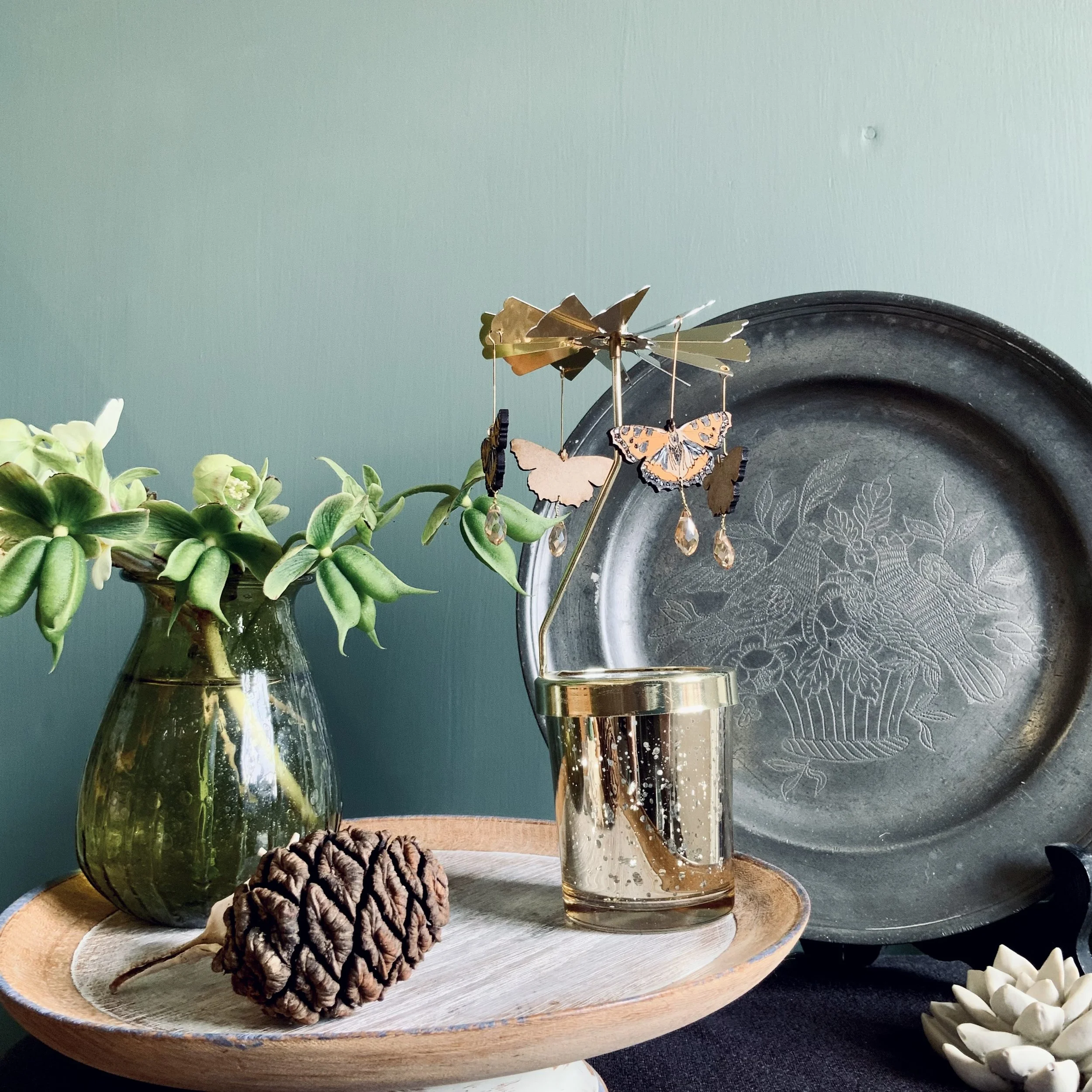 A Lily Faith Candle carousel, featuring four Tortoiseshell Butterfly Ornaments. Laser cut and etched in our Devon studio from FSC MDF, each piece is also hand painted. (Copy)