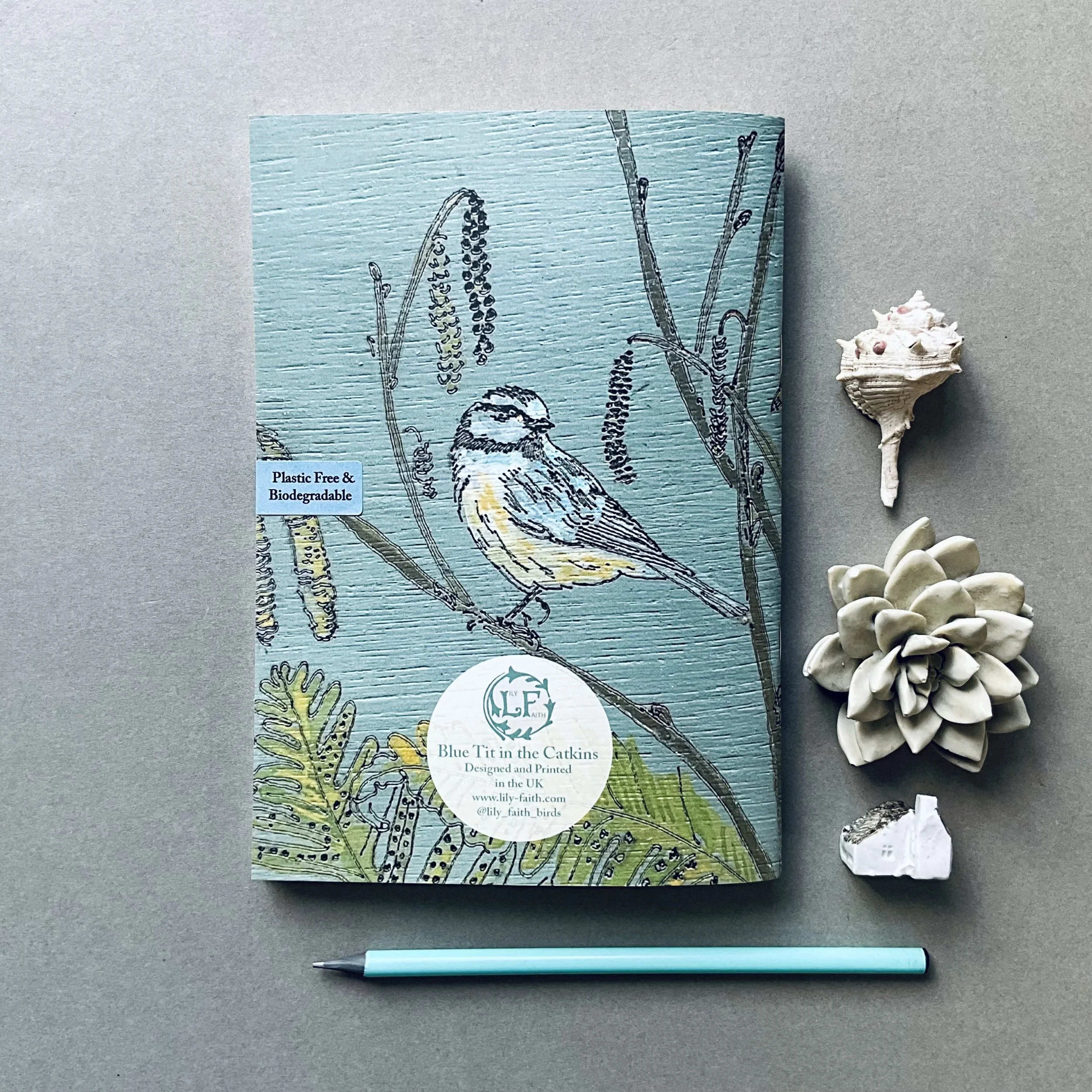 46 paged A5 notebook with a Lily Faith Blue Tit illustration on the front and back.