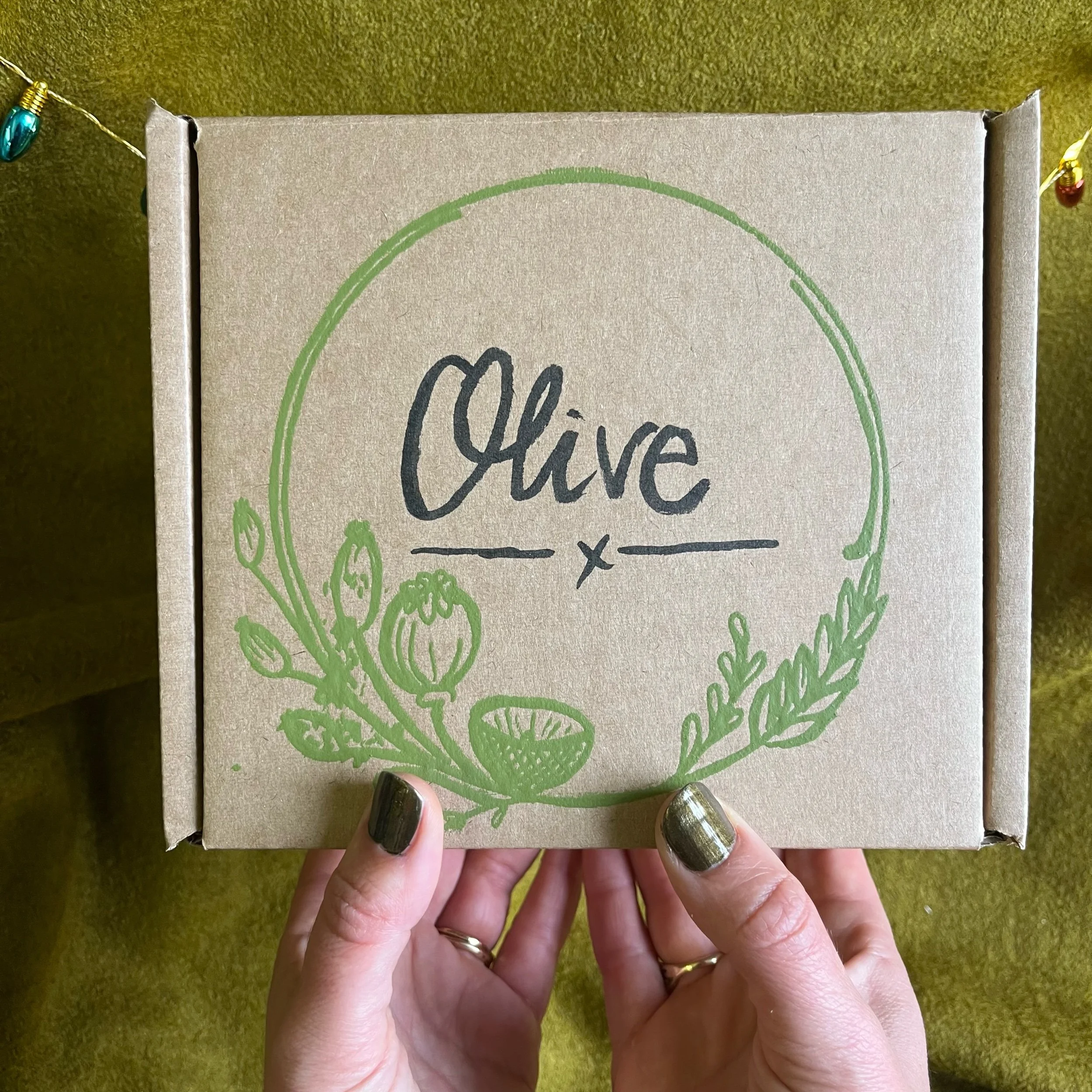 Hand screen printed gift box, with our Olive green wreath design. Just let us know wha name you would like hand written in the centre.