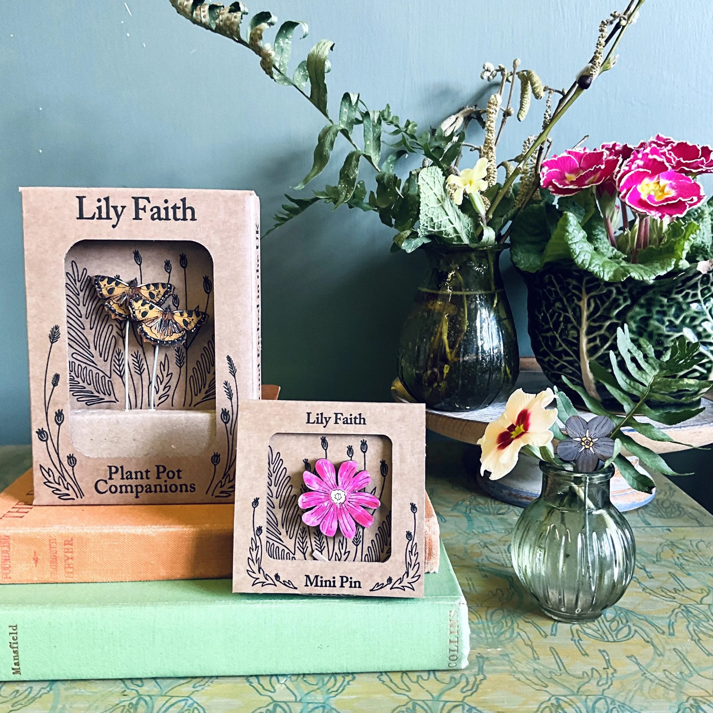 Tortoiseshell Butterfly Plant Pot Companions and a Red Campion Mini Pin