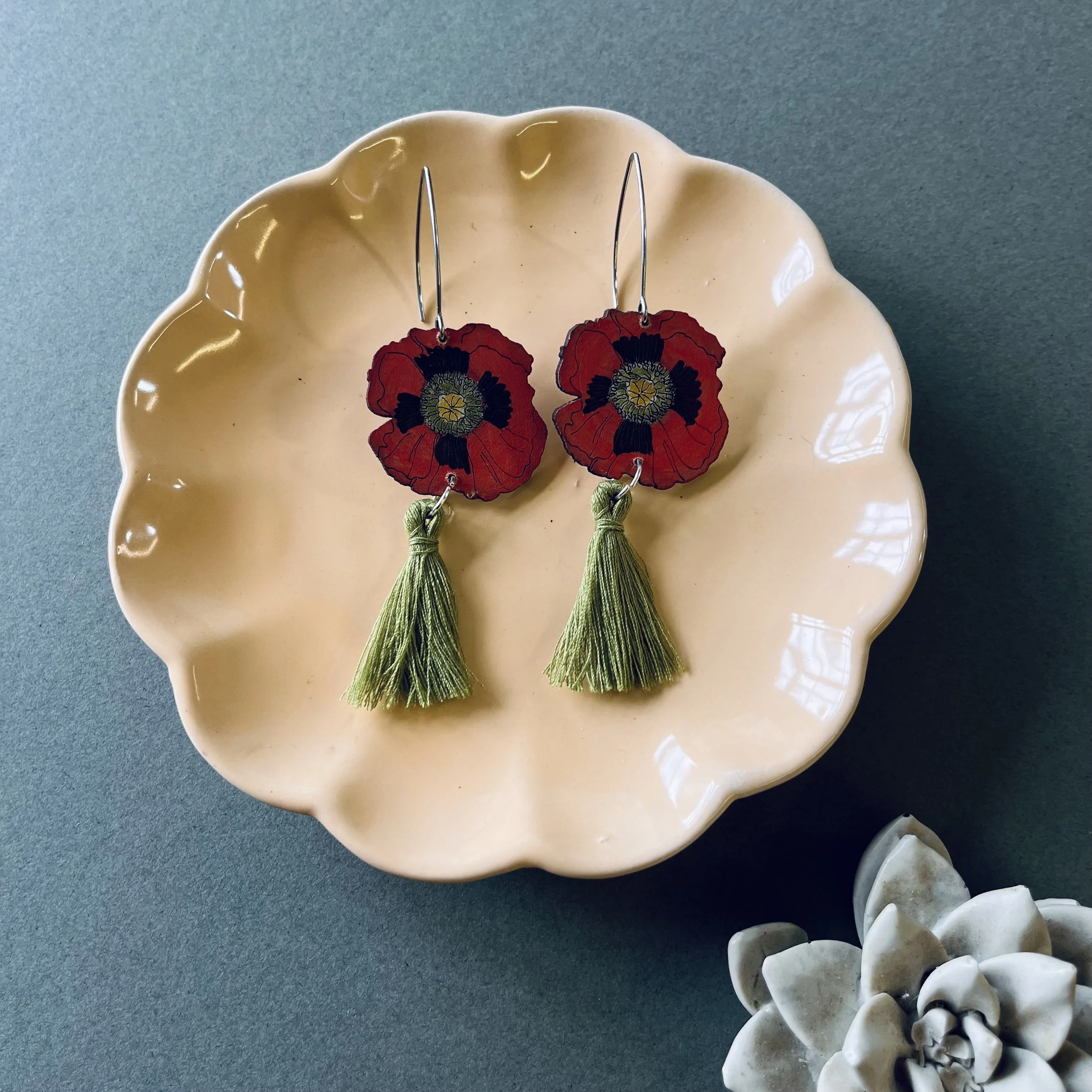 Poppy Tassel Earrings with Olive Green tassels